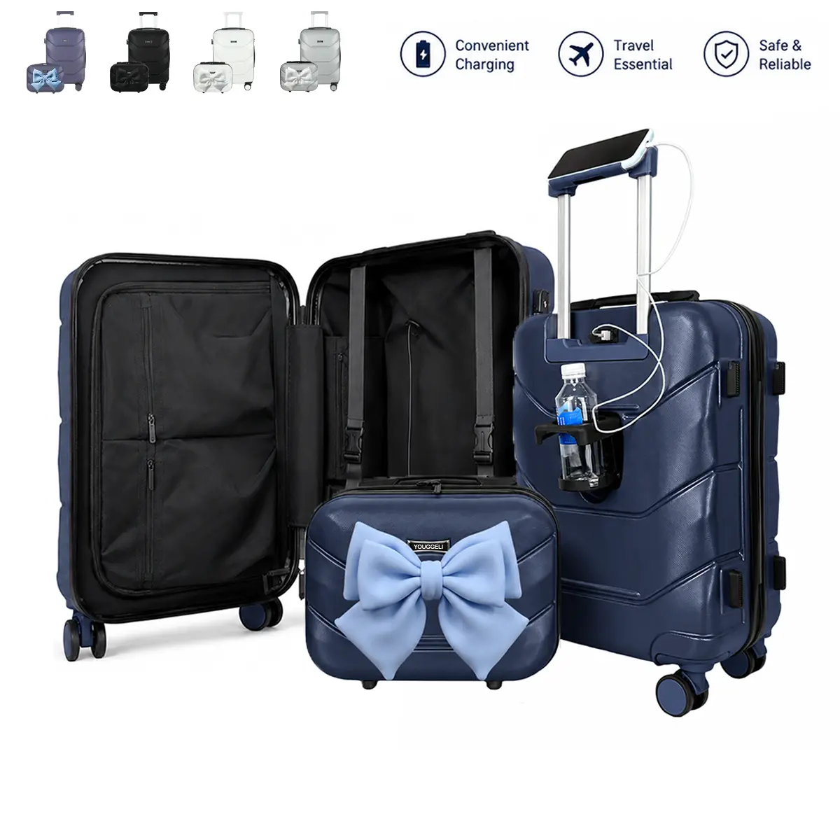 Upgraded Polycarbonate Hardshell Cabin-Sized Luggage Set (13"+20") - 4-Piece Airline-Compatible Travel Gear Bundle with Bow, TSA Lock, 4-Wheel Swivel, Antiburst Zip, Cup Holder, Hooks, Phone Holder, Anti-Theft - No Check-In Needed, Back to School Gift, Lu