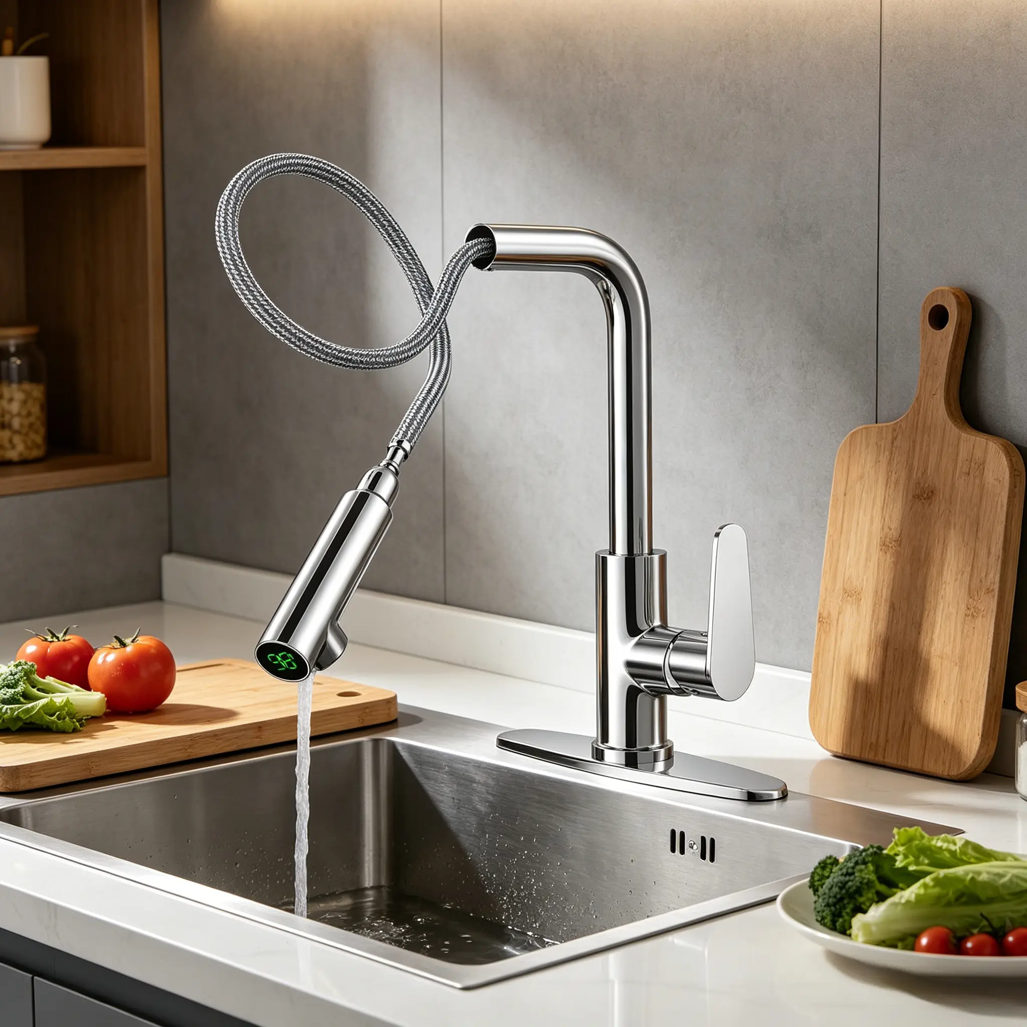 CUGBO Chrome Metal Modern Single-Handle Kitchen Faucet - Hydraulic Power, Quick Installation, Removable & 360-Degree Rotating Design, Flip-Up Sprayer, Digital Temperature Display, High Arc, Resistant Material for Home Sinks, Removable And 360-Degree Rotat