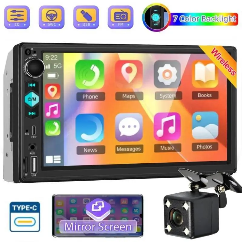 2din 7 Inch Car Stereo Audio System Mp5 Player, Supports Mirror Link BT Wireless Fm Aux in USB Type-C Fast Charger, Car Video Player