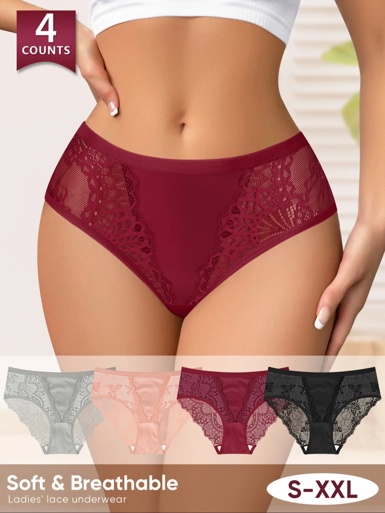 Morelect Soft Breathable Lace Women's Underwear, Sexy Mesh Mid-Waist Butterfly Casual Everyday Panties, 4 Pcs Set, Sizes S-Xxl, All Seasons Casual Fitted