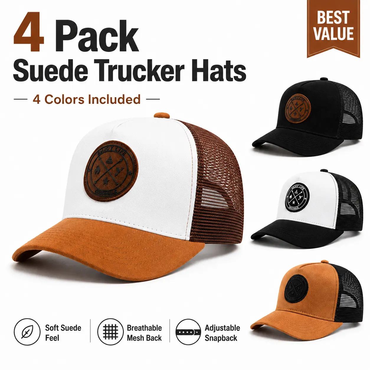 4 Pack Suede Trucker Hats for Men & Women, Breathable Mesh Back Adjustable Snapback Baseball Caps with Curved Brim for Casual Outdoor Wear