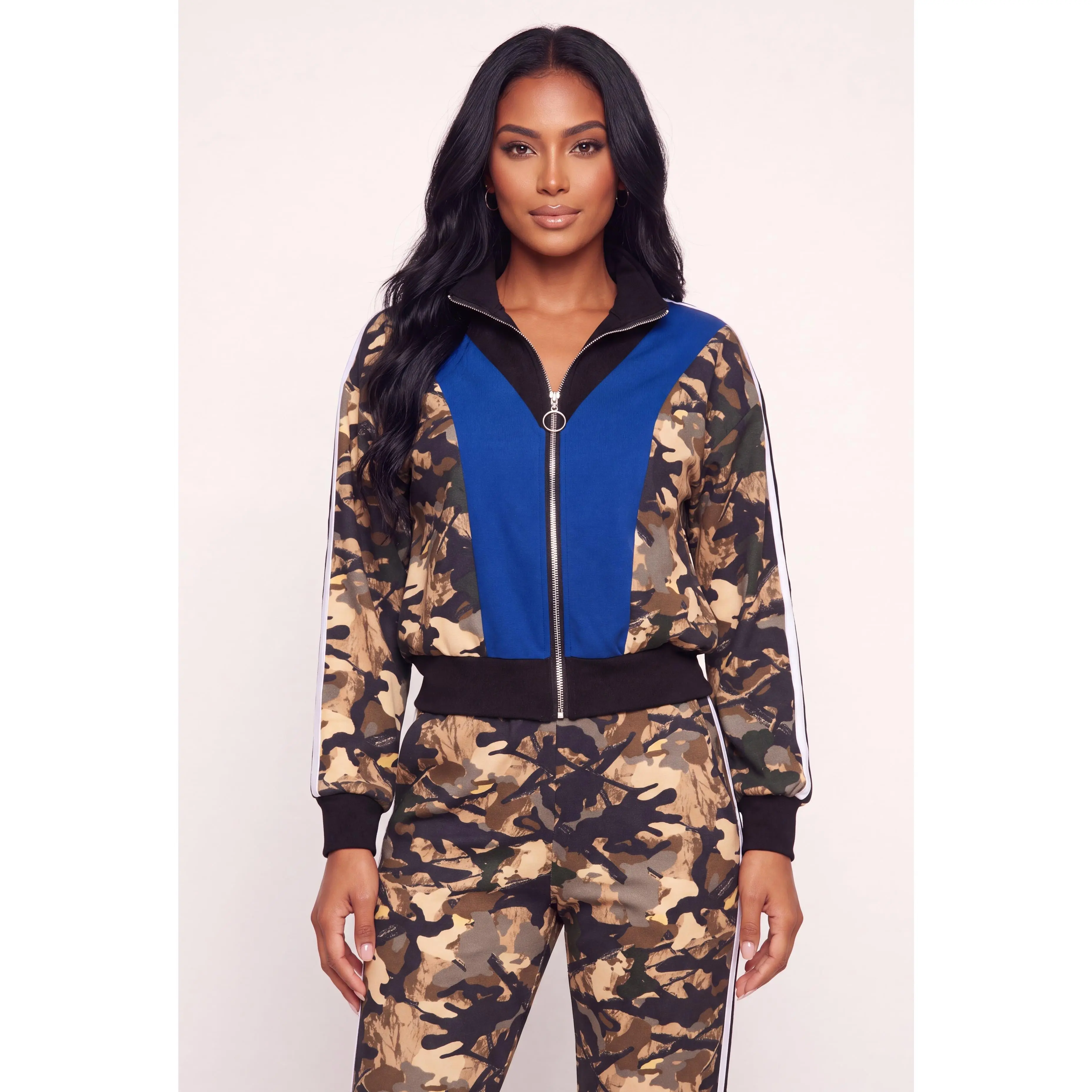 Camo Color Block Zip Front Jacket