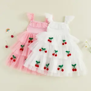Girl Dress Casual Sleeveless Tutu Tulle Sundress Sleeveless Cherry Layered Tulle Dress Summer for School Party