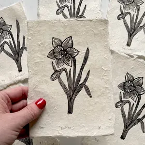 Daffodil Handmade Linocut Block Print 5x7 Nature Art on Deckle Edge Paper Unique Artwork for Home Decor