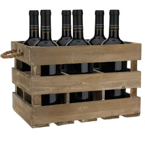 Farm House Decor Rustic Wooden Wine Bottle Holder and Wine Storage 6 Bottle Wine Crate Dark Wood 8.8 x 8.5 x 13.5in - Utensils