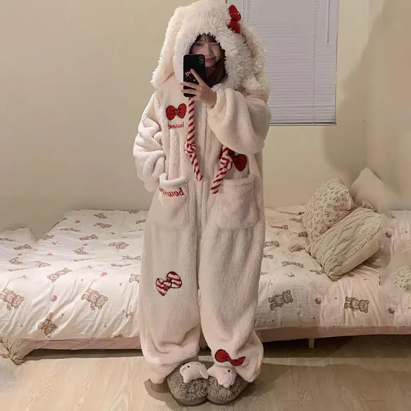 Women's Cute Coral Fleece One-Piece Pajamas with Bowknot Winter Home Wear Thickened Plush Nightgown