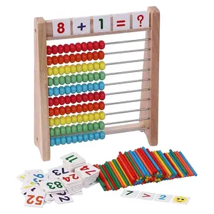 1 set of children's wooden abacus, 100 counting rods and number toy cards 1-100, arithmetic math teaching aids, addition and subtraction abacus, suitable as a gift for boys and girls aged 2 to 6, Montessori educational toy.