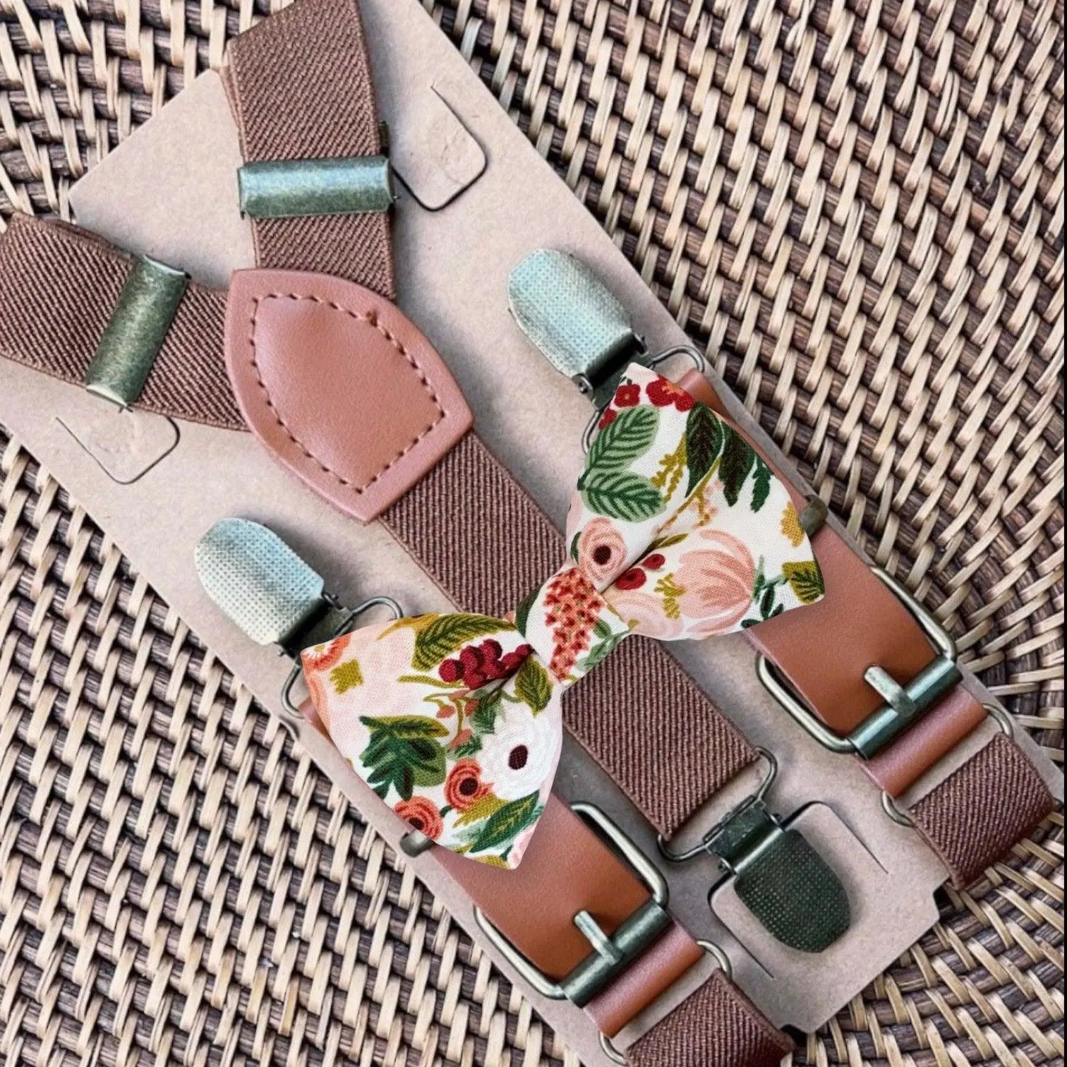 Maroon Rifle Paper Co Bow Tie & Dark Brown Buckle Suspenders Set