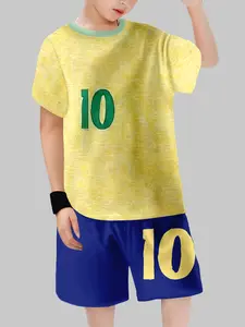 Boys Fluorescent Short Sleeve Set, Summer Barcelona Away Style Two-Piece, Casual Fitted Shorts, Random Print, Short Sleeve