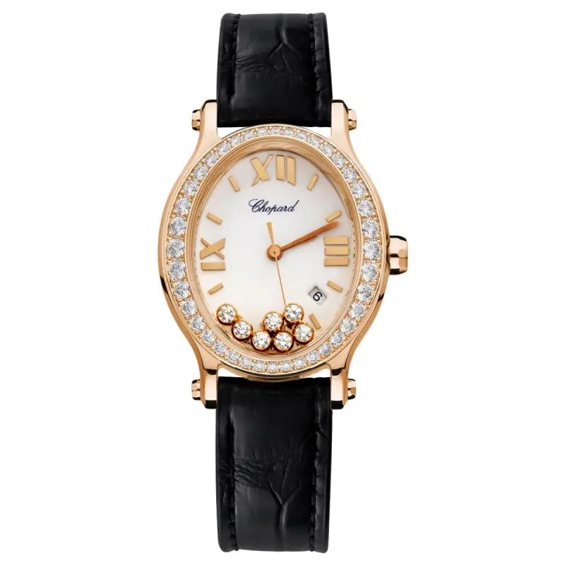 Chopard Happy Sport Oval 275350-5003 Quartz 18K Rose Gold Factory Diamond Bezel White MOP Dial with 7 Floating Diamonds Black Leather Strap Ladies Watch WHP042437