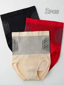 Three-Pack High-Waisted Shapewear Briefs, Peach + +, Tummy Control, Postpartum Recovery, Seamless Butt Lifting Underwear