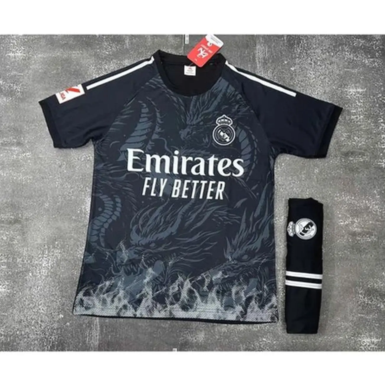 Real Madrid Style Dragon Soccer Kit 2024, Black Football Jersey and Shorts