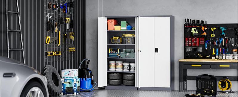 Yizosh Metal Garage Storage Cabinet with Locking Doors and 2 Drawers, Heavy Duty Steel Tool Cabinet with Pegboard, 71" - Lockable Cabinets for Garage, Warehouse, Basement