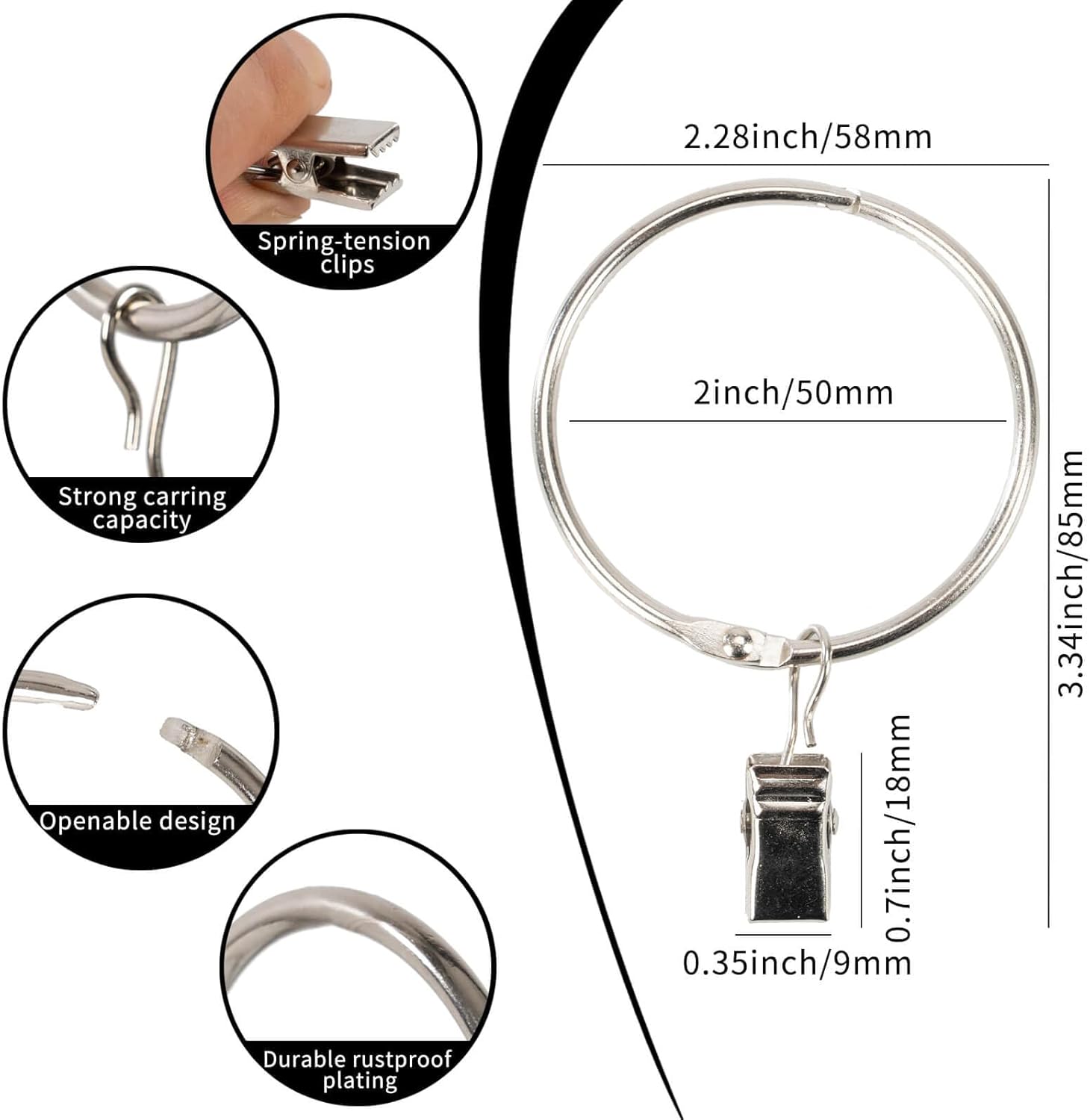 12/24/36pcs Silver Metal Curtain Rings with Clips, 1.5 Inch Interior Diameter, Fits up to 1.2 Inch Rod, Openable Shower Curtains Rings Heavy Duty Vintage Decorative Drapery Eyelet Shower Curtain Rods Hangers Rings