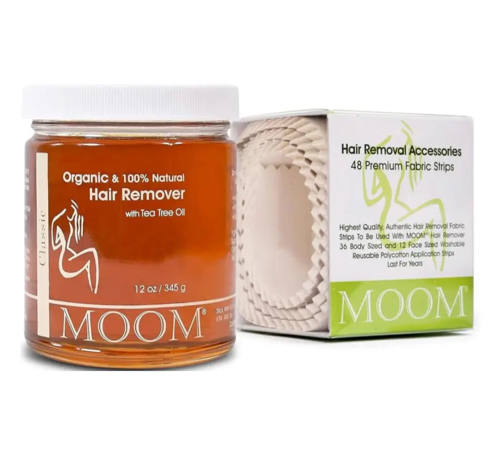 MOOM Organic Sugar Wax with Tea Tree Oil (12 oz) + 48 Reusable Polycotton Waxing Strips – Gentle Hair Removal Kit for Face, Bikini, Legs & Body – Natural & Vegan for Women & Men (Sticks NOT Included)