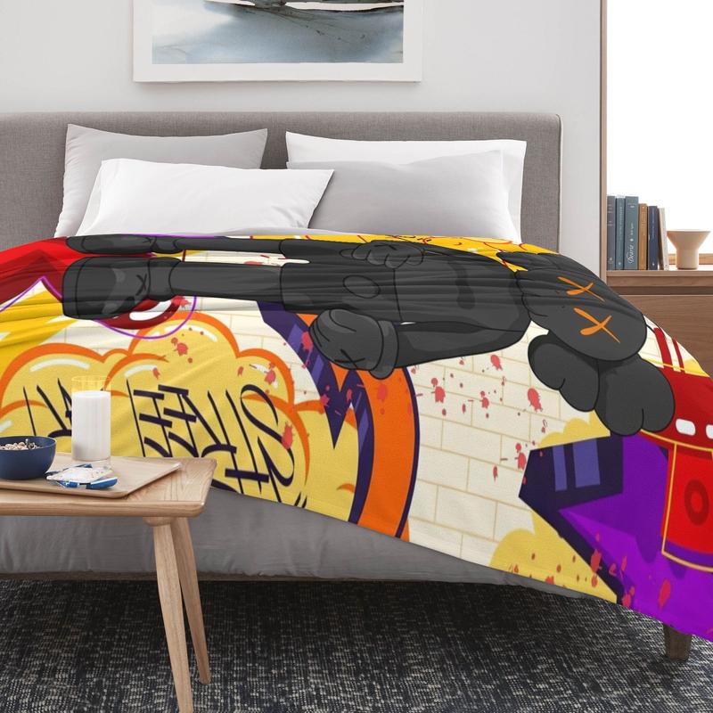Kaws Black Companion with Japanese Graffiti Throw Blanket - Bold Streetwear Art Vibes, Urban Cool Collectible Blanket