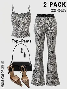 Women's Leopard Print Lace Crop Top & Flare Pants Set, Tight Fit Sexy, Summer Fashion Animal Pattern Clothing, Shein Ezwear