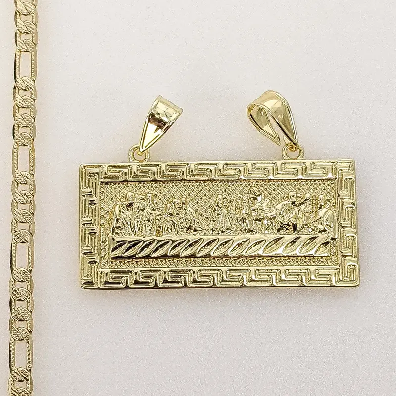 Plated The Last Supper Plaque Pendant 4mm 14K Diamond Cut Figaro Chain Necklace