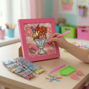 Diamond Art Kit Set 7 1/8" x 7 1/8" with Frame (Ice Cream with Pink Frame)