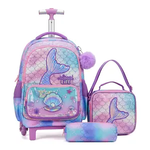 Glitter Mermaid Tail Rolling Backpack Set for Girls | Shaker Lunch Bag + Pencil Case | Mermaid Life Back to School