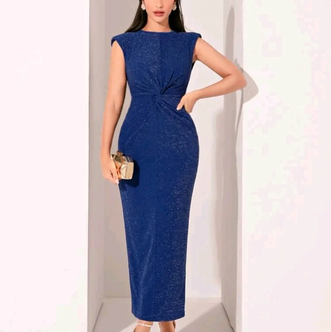 Shoulder Pad Twist Front Metallic Dress,royal blue,Solid Bodycon pencil Dress round neck fitted high waist stretched Ruched  sleeveless long Plain Sweet Holiday elegant Casual Womenswear