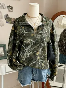 Women's Fashion Patchwork Loose Zipper Half High Neck Pullover Sweatshirt, Camouflage Print Comfortable Casual Ladies Top