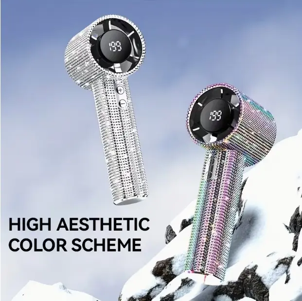 Rhinestone Handheld Electric Fan, USB-C Rechargeable Quiet Turbo Fan, 1800mAh Battery, 3-Speed Adjustable, Digital Display, Long Battery Life, Elegant Summer Gift, Portable For Women Office Travel Outdoor Beachties Travel Office Long Distance Blowing