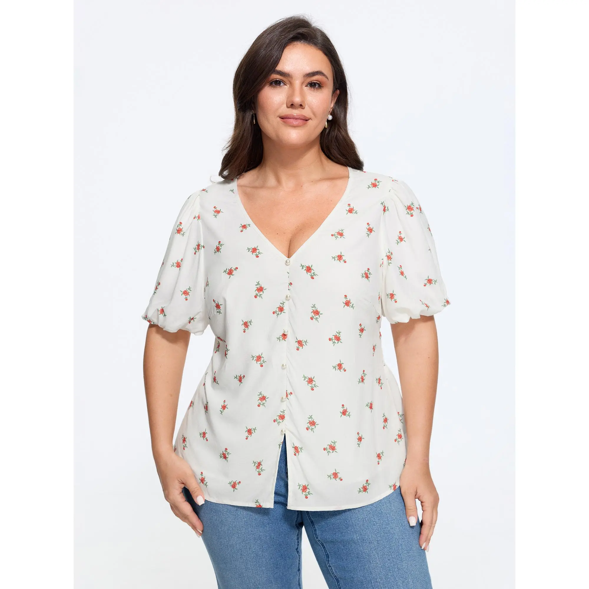 BloomChic Plus Size Ditsy Floral Blouse, Casual Puff Sleeve Garment in Smooth Rayon with Shirred Waist and Pearl Twist Detail, Fabric, Shirts, Top