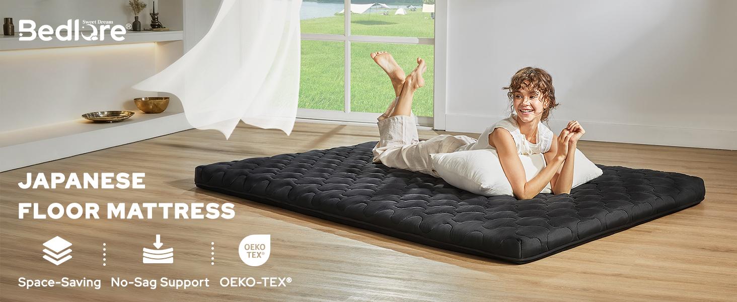 SpringGlowUp【BEDLORE】Luxurious Twin Size Japanese Floor Futon Mattress: 3" Thick Tatami Mat with High-Density Foam & Viscose from Bamboo – Foldable, Portable Roll-Up Sleeping Pad for Guests & Everyday Comfort
