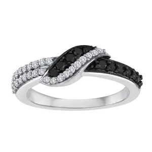 Sterling Silver Black & White Natural Diamond Crossover Ring 0.50 Ct