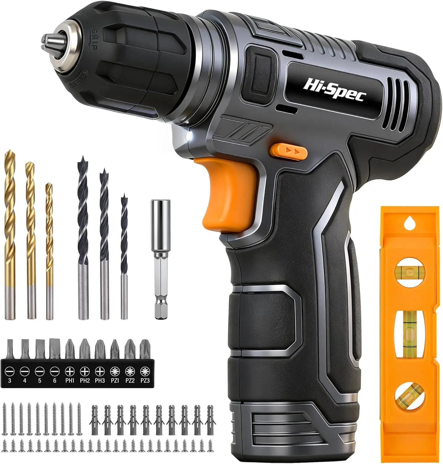Hi-Spec 8V USB Power Drill Driver Screw Drill Bit Set. Cordless & Rechargeable Electric Drill Driver with Wall Hanging Kit,Gray