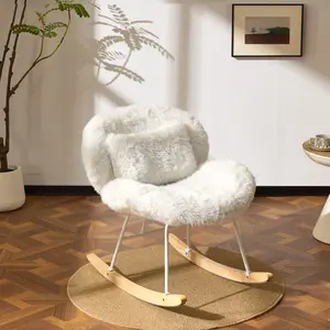 VINGLI 25.6" Extra Wide Nursery 115° Armless Rocking Chair, Curved Cute Cross-Legged Glider Chair with Pillow & Solid Wood, Nursing Chair for Bedroom, Living Room, Fluffy Fleece, White Cream