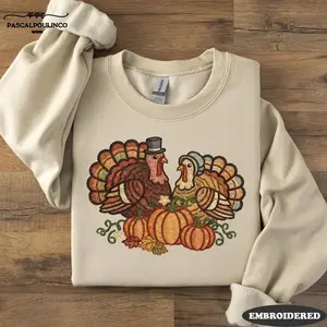 Thanksgiving Embroidered Sweatshirt, Turkey Pumpkin Shirt, Retro Fall Embroidery Pullover, Cozy Autumn Turkey Couple Top