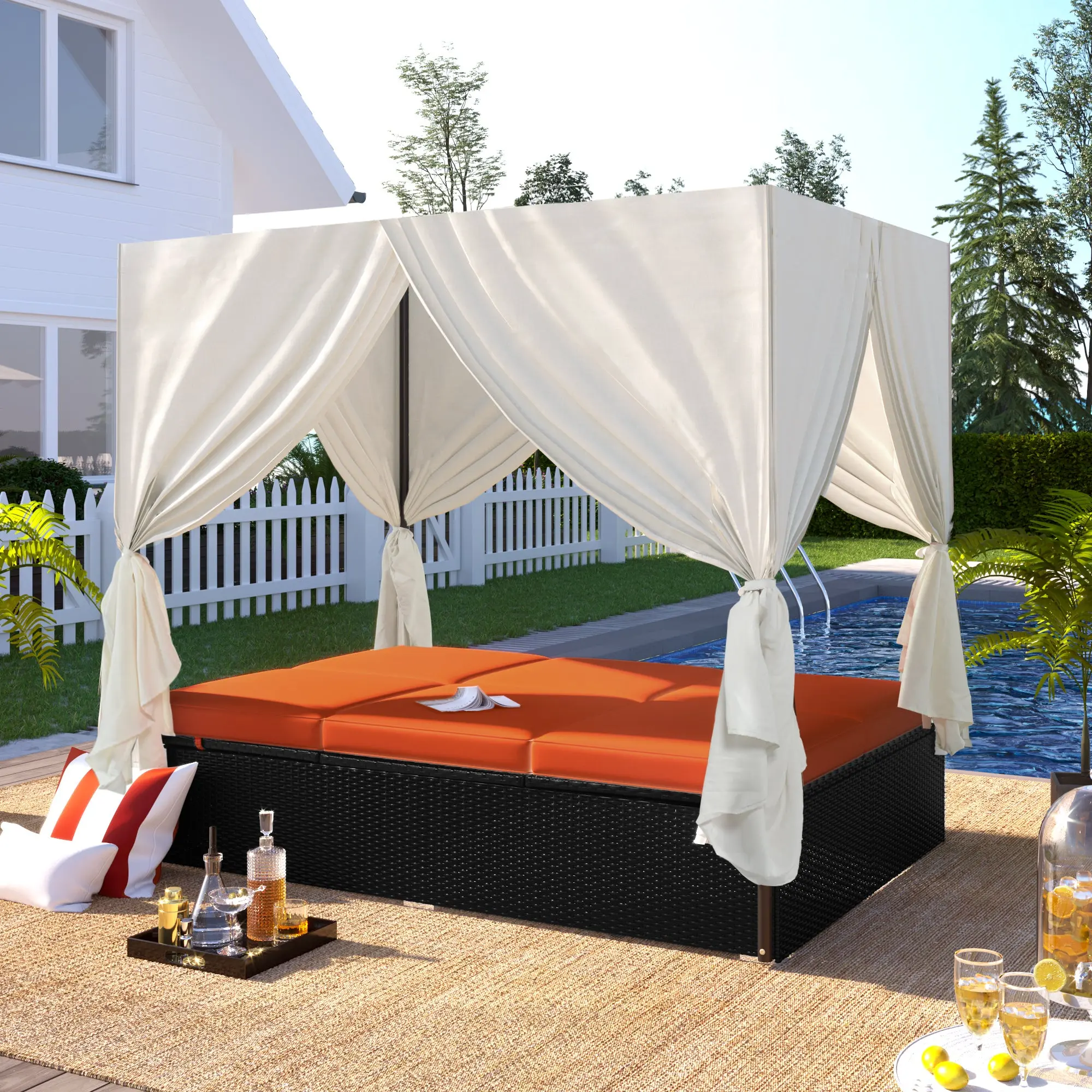Outdoor Patio Wicker Daybed with Cushions