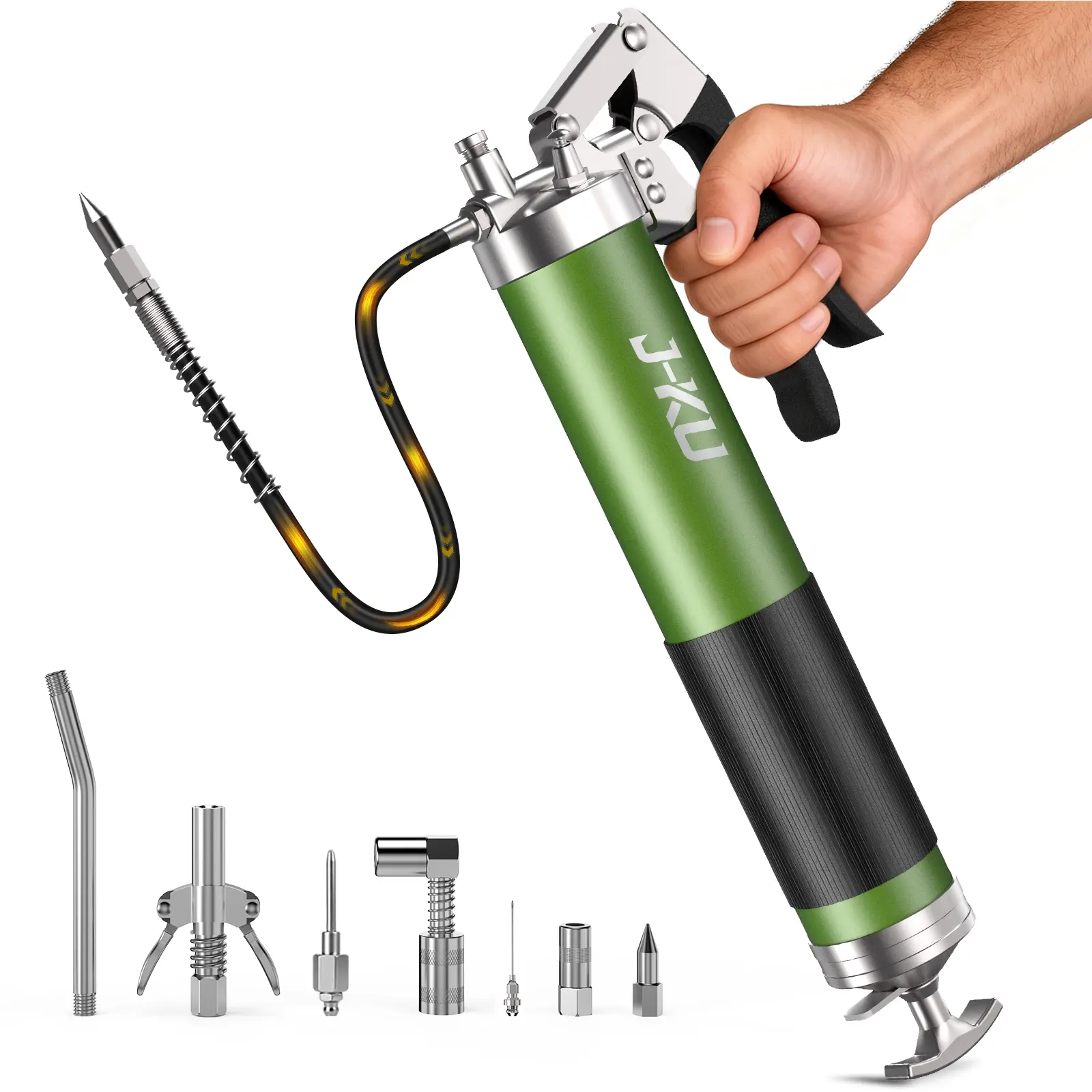 J-KU Heavy Duty 8000PSI Grease Gun Kit – No Leak, Easy Prime, 14oz Pistol Grip with Flexible Hose & 90° Adapter for Auto & Tractor Maintenance, Fathersdaygift
