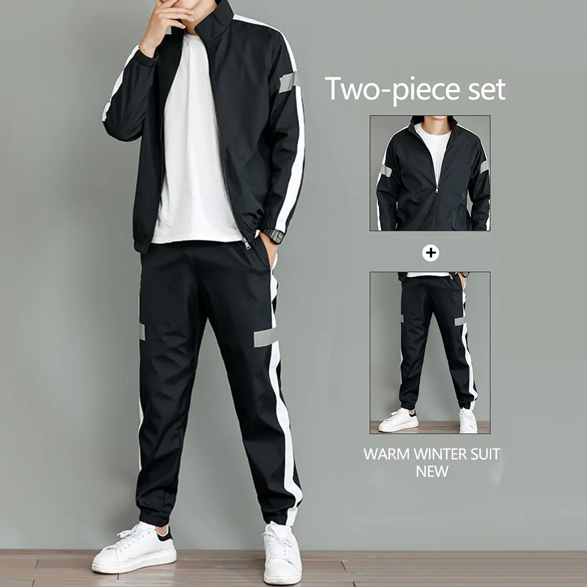 Men's 2-Piece Casual Athleisure Wear Set - Color-Block Stand Collar Activewear Shirt, Reflective Stripe Details, Breathable Windproof Quick-Dry Fabric, Ideal Male Basics Sports Clothes Gift for Sport Enthusiasts