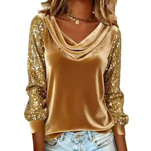 CELOT KEVER New Fashion Women's Velvet Pile Collar Sequin Patchwork Long Sleeve T-Shirt Top