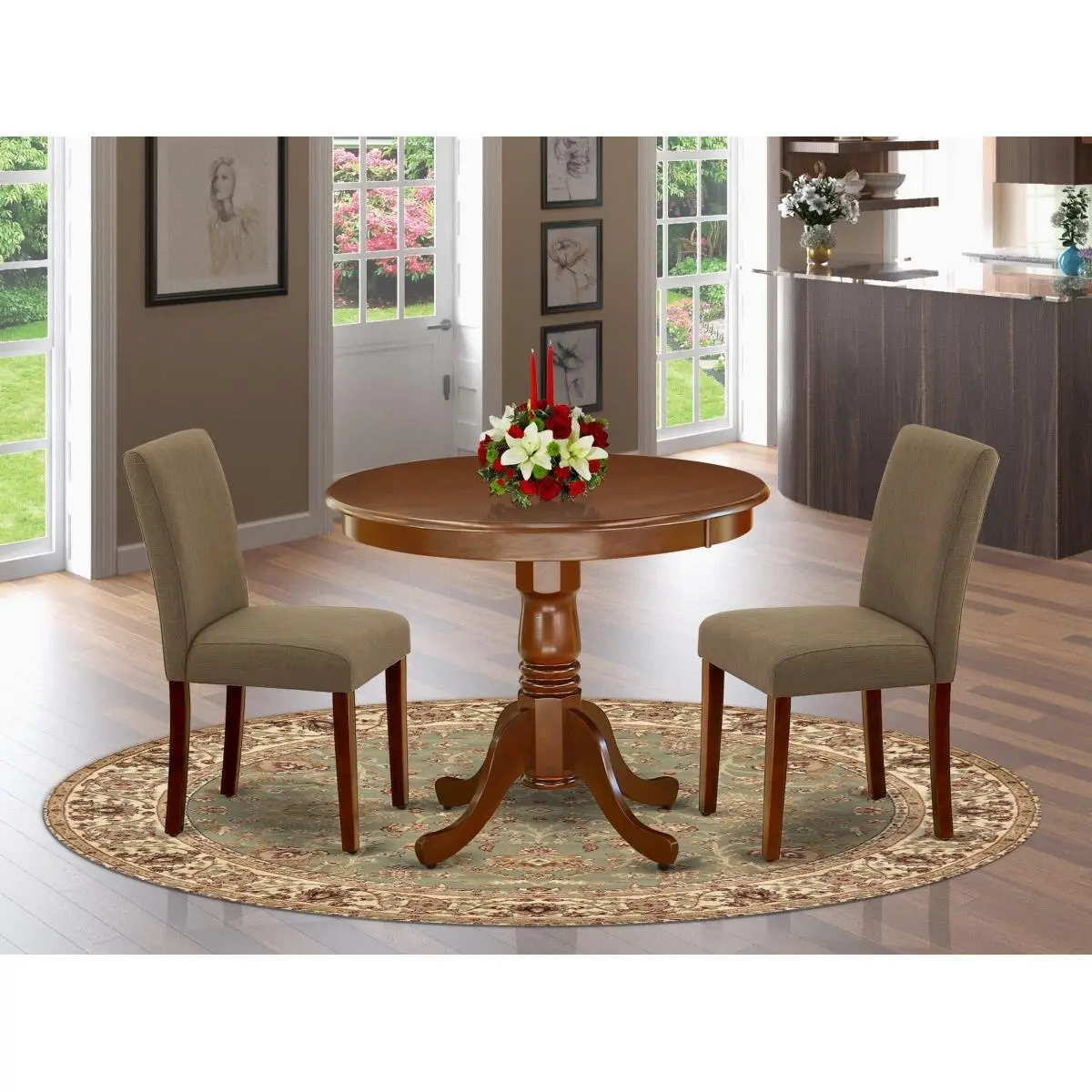 East West Furniture 3-Piece Antique Wood Dining Room Set - 36 in. Round Table with Mahogany Asian Hardwood Legs, 2 x Parson Chairs with Linen Fabric, Ergonomic, Coffee Finish, Space Saver, Hardware Included