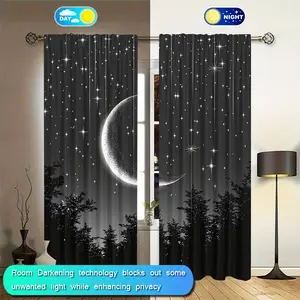 2 pieces of Starry Night Forest and Moon polyester curtains - filter, pole bag design, machine washable, perfect for bedroom, office, kitchen, living room, study decoration (pole free), bedroom decoration, living room curtains