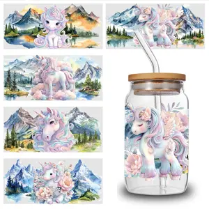 5 Sheets Unicorn Mountain UV DTF Stickers UV DTF cup packaging transfer sticker, 16oz carafe decoration, suitable for any smooth object surface, craft decoration, glass decoration, campus decoration, small gifts for friends, small gifts for family.