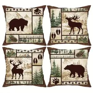 4pcs Cottage Core Forest Wildlife Bear & Deer Pillow Covers Set - 17.7x17.7 Inch Rustic Farmhouse Decorative Throw Pillowcases with Zip Closure, Soft /Brown Woodland Animal Print (Pine Trees, Stag) for Sofa, Bed, Cabin - Machine Wash