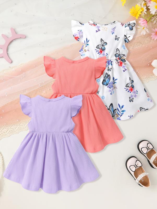 3-Piece Cute Fashionable Casual Comfortable Baby Girl Bow Decoration Floral Print Solid Color Ribbed Ruffle Edge Dress Gift Set Perfect for Summer Daily Outings Vacations and Parties