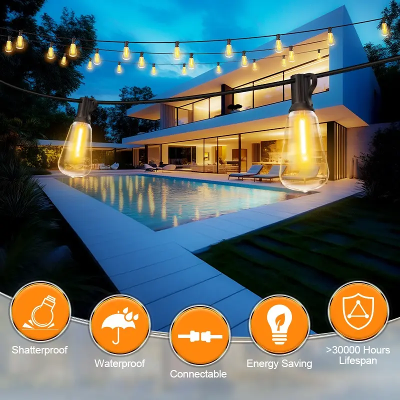 100FT Outdoor String Lights Waterproof IP44 | Shatterproof Edison ST38 Bulbs | Dimmable Warm White 2700K Connectable Hanging Lights for Patio, Garden, Party, Bistro, Christmas & Pool