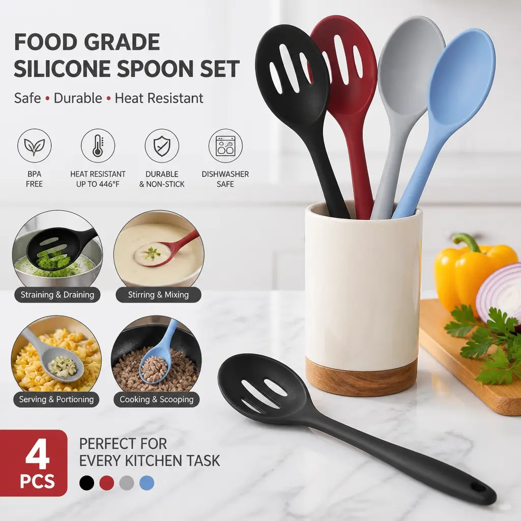 4-Pcs Durable Silicone-Nylon Kitchen Utensils Set - 10.6in Large Nonstick Slotted Spoon, Heat-Resistant Serving Spoon, -60℃ to 250℃, Dishwasher Safe for Fry, Pot Use & Every Kitchen Task