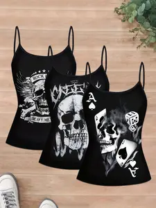 【Plus Size】 Skull & Playing Card Print Tank Top, Punk Fashion Casual Sleeveless Top for Daily Holiday Vacation Outdoor Wear, Women Plus Clothing for Summer, Casual Cami Top