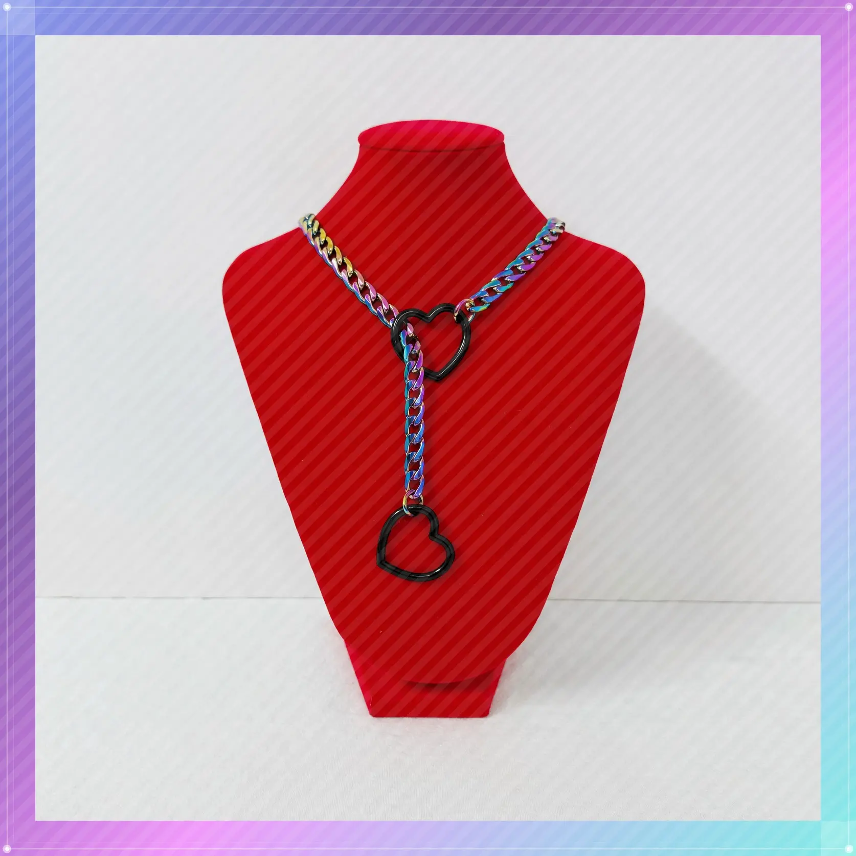 ThatDripTho Black Hearts Rainbow Chain Necklace, Heart Choker Slip Chain Necklace Adjustable Cuba Long Chain for Couples, Gf, Bf, Alt Jewelry for Alternative Women & Men, Goth Girl Alt Brat Fashion Chain Collar Necklace with Pull Chain
