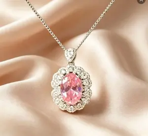 SKU GX-001 -- Oval Pink Gem Floral Halo Pendant Necklace - TikTok Viral Luxury Jewelry