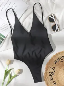 Women's Plain V Neck Backless Swimsuit, Summer Swimsuits, Summer Clothes Women, Casual Sleeveless Tie Back One-piece Swimwear, Women's Swimsuit For Summer Beach, Swimsuit Style