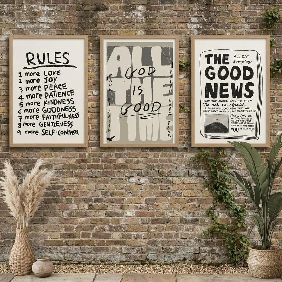 Set of 3 Aesthetic Christian Wall Art Bundle, Neutral Modern Christian Art Prints, Good News God Is Good Fruit Of The Spirit Scripture Art