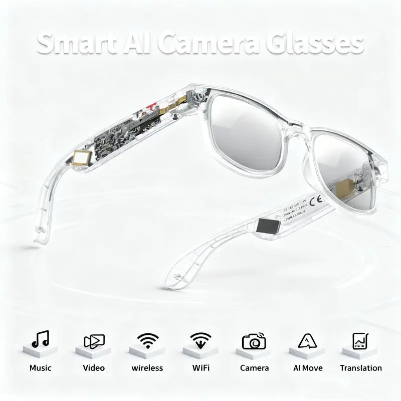 Multifunctional Smart Glasses - Minimalist AI Smart Eyewear Device with 8MP Camera, HD Video Recording, Bluetooth 5.3 Audio, Real-Time Translation, Wireless Touch Controls, Button Adjustment, Transparent Lens, Multi-Sport Use, Christmas Gift for Travel